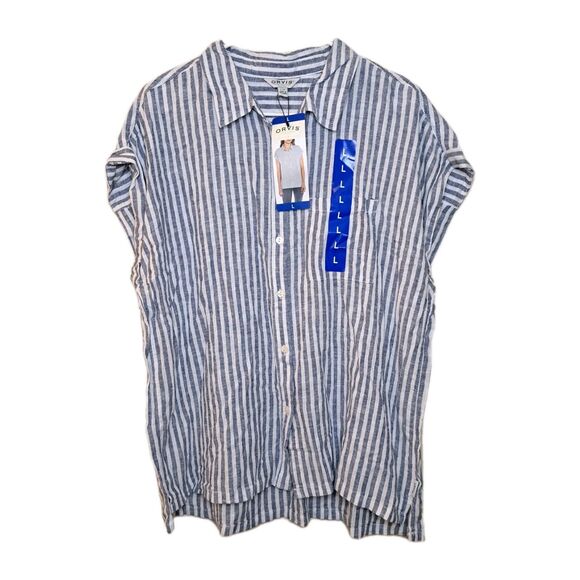 Orvis Tops - NEW Orvis Linen Blend Women Shirt Short Sleeve Blue Stripe Lightweight Size L